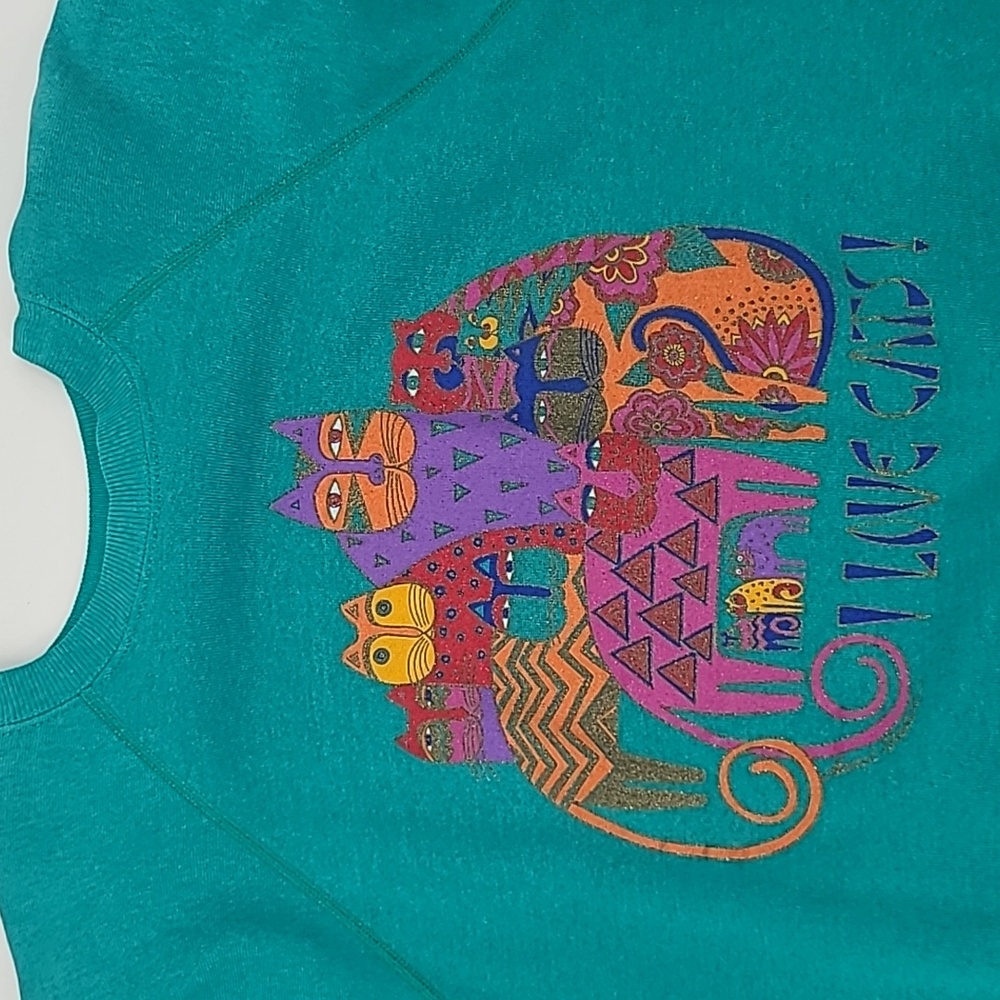 Vintage Laurel Burch I LOVE CATS! Sweatshirt teal green large hanes - Picture 15 of 16